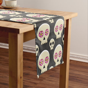 Creepy Cute Kawaii Goth Skull with Flowers Pattern Short Table Runner