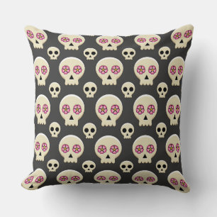 Creepy Cute Kawaii Goth Skull with Flowers Pattern Throw Pillow