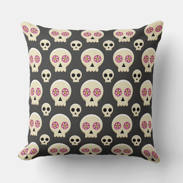 Creepy Cute Kawaii Goth Skull with Flowers Pattern Throw Pillow (Front)