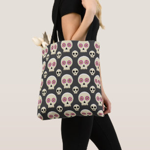 Creepy Cute Kawaii Goth Skull with Flowers Pattern Tote Bag