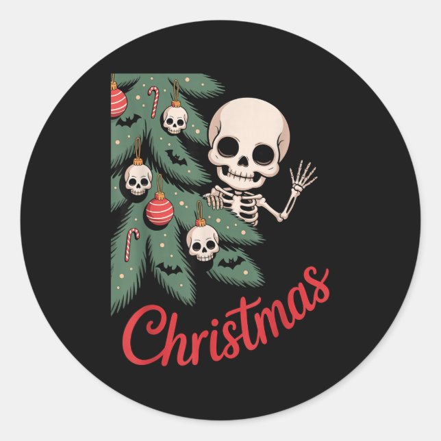 Creepy Cute Kawaii Skeleton Christmas Tree Skull B Classic Round Sticker (Front)