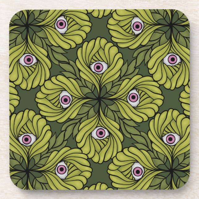 Creepy Cute Plant Spring Green Fantasy Art Pattern Coaster (Front)