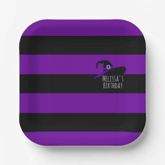 Creepy Cute, Purple Witch Birthday, Fat Stripes Paper Plate (Front)