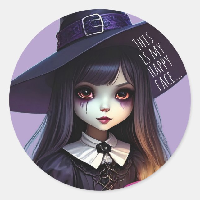Creepy Cute, Purple Witch Birthday, Gothic Theme Classic Round Sticker (Front)
