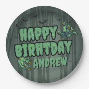 Creepy Dark Green Zombie Happy Birthday Party Paper Plate