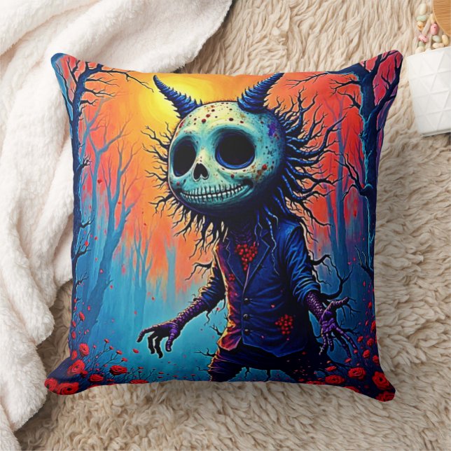 Creepy Demon in Spooky Woods Design Throw Pillow (Blanket)