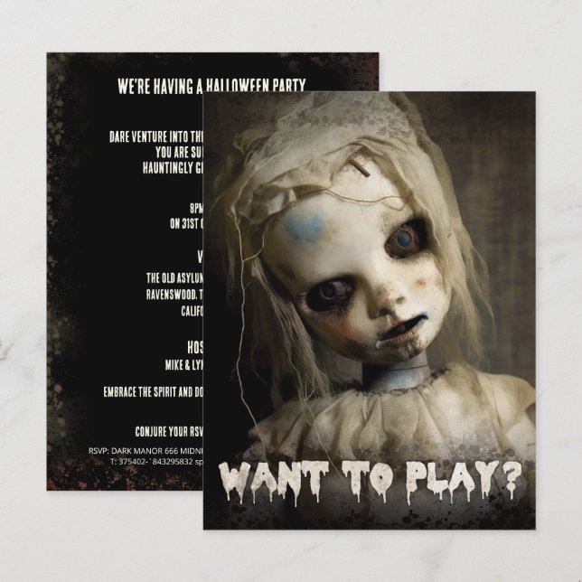 Creepy Doll Budget Adult Halloween Invitation Postcard (Front/Back)