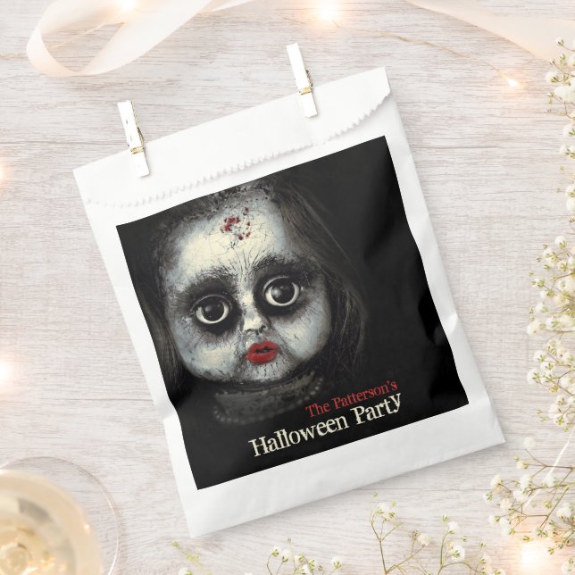 Creepy Doll Haunted Halloween Party with Name Favour Bag (Clipped)