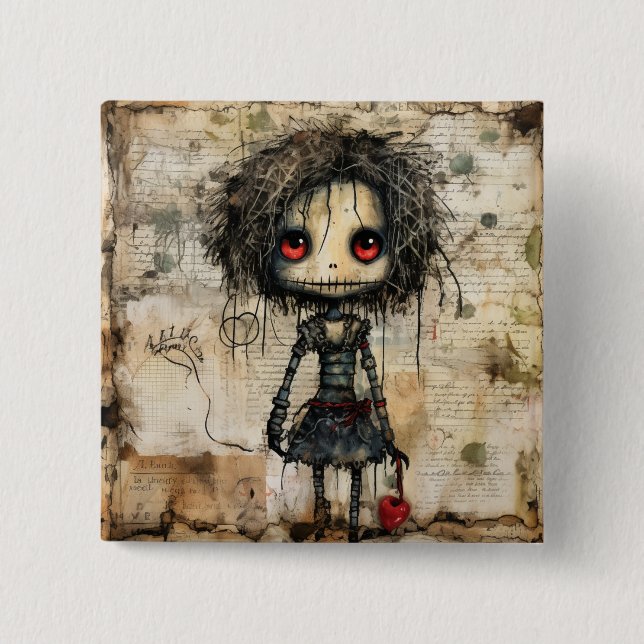 Creepy Doll with Heart 2 Inch Square Button (Front)