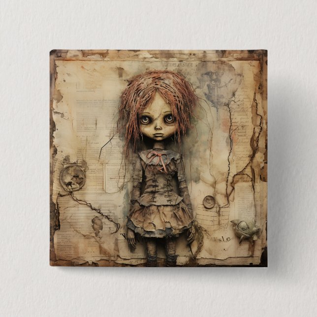 Creepy Doll with Pink Bow 2 Inch Square Button (Front)