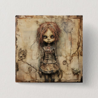 Creepy Doll with Pink Bow 2 Inch Square Button