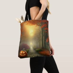 Creepy Forest Path Jack-O' Lantern Halloween Tote Bag