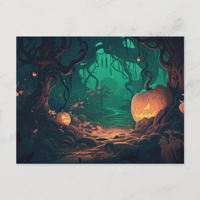 Creepy Forest with Jack-O' Lanterns Halloween Holiday Postcard (Front)