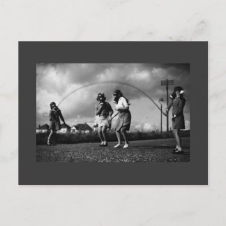 Creepy Gas Mask on Children Jumping Rope Postcard