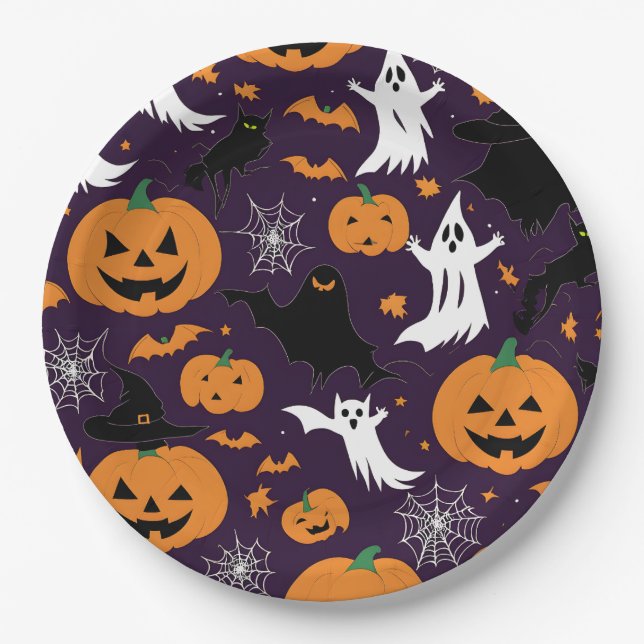 Creepy Ghosts Spiders Cobwebs Bats Halloween Party Paper Plate (Front)