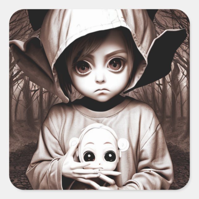 Creepy Girl Big Eyed Chibi Doll Square Sticker (Front)