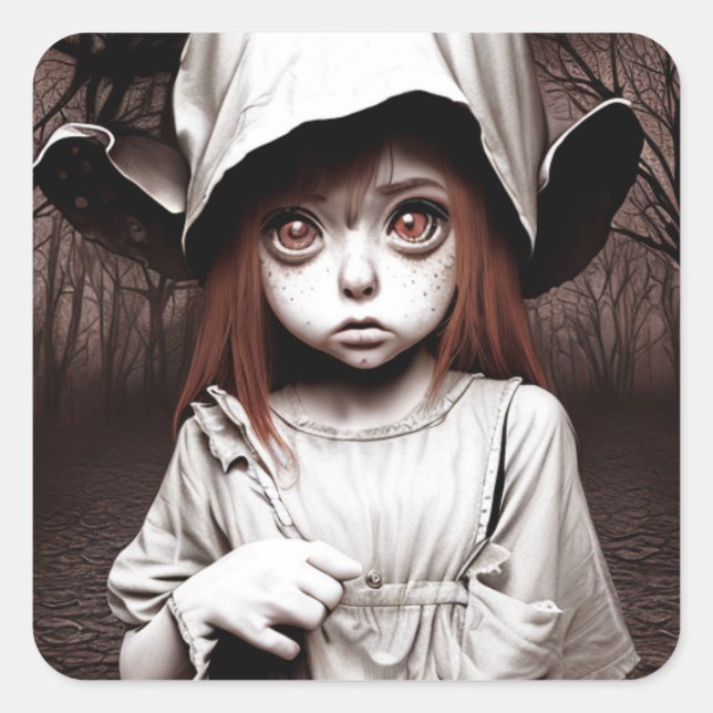 Creepy Girl Big Eyed Chibi Halloween Square Sticker (Front)