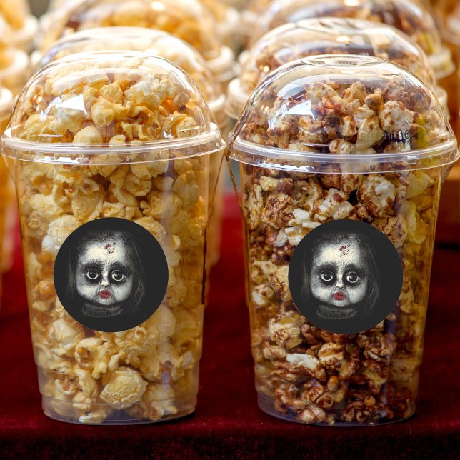 Creepy Goth Doll with Blood Spatters Halloween Classic Round Sticker (These creepy Gothic doll stickers look awesome on Halloween party favors.)