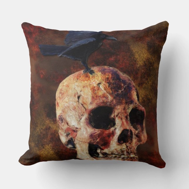 Creepy Gothic Skull and Crow - Halloween Horror Throw Pillow (Front)