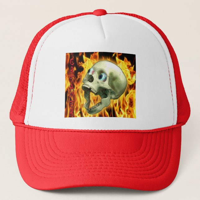 Creepy Gothic Skull, Flames, Halloween Horror Trucker Hat (Front)