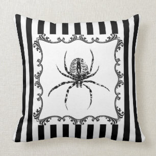 Creepy Gothic Spider Drawing Black & White Stripes Throw Pillow