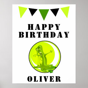 Creepy Green Slime Monster Flags Birthday Party Poster