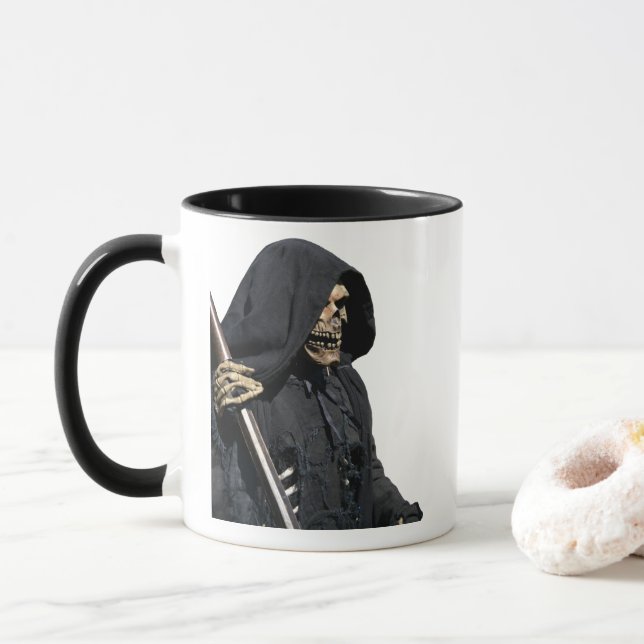 Creepy Grim Reaper Skeleton & Scythe Mug (With Donut)