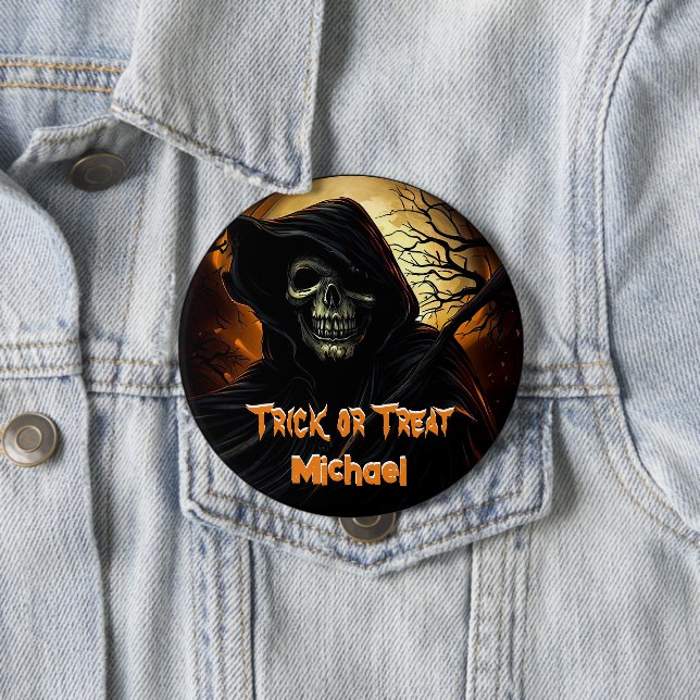 Creepy Grim Reaper Trick or Treat 4 Inch Round Button (In Situ)