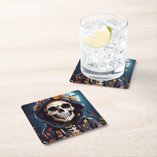 Creepy Grinning Skeleton Halloween Square Paper Coaster (Insitu)