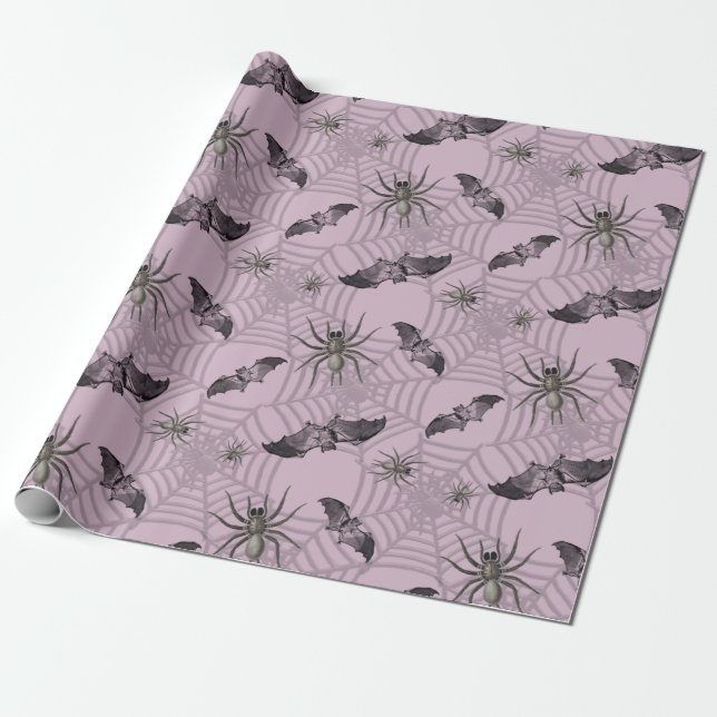 Creepy Halloween Bats Spooky Spider Web Wrapping Paper (Unrolled)