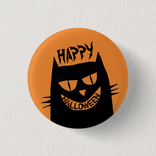 Creepy Halloween Black Cat on Orange 1 Inch Round Button