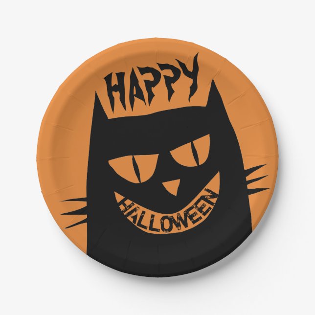 Creepy Halloween Black Cat on Orange Paper Plate (Front)