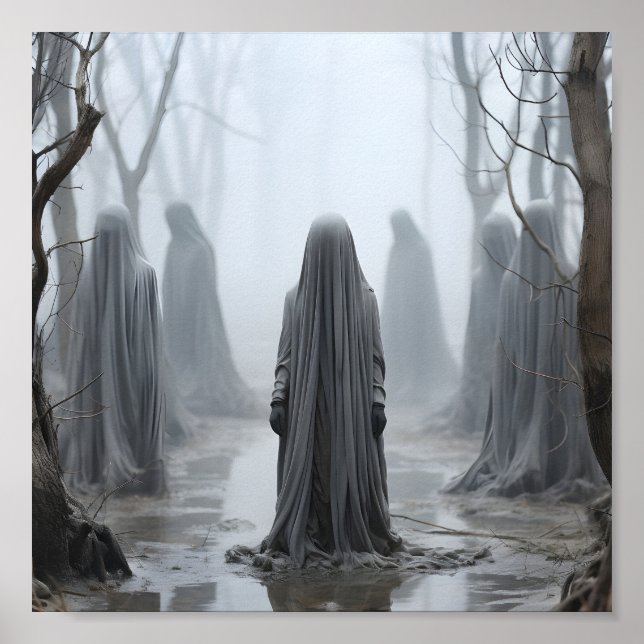 Creepy Halloween Illustration Of White Ghosts Poster (Front)