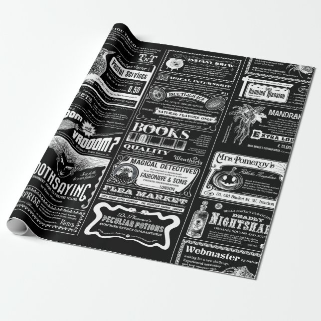 creepy halloween newspaper antique black  wrapping paper (Unrolled)