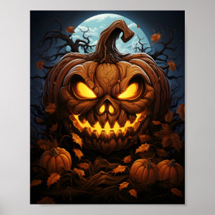 Creepy Halloween Night Orange Jack O Lantern Poster