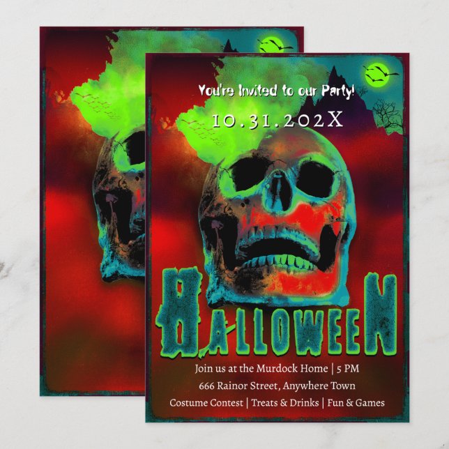Creepy Halloween Party Zombies Neon Scary Skull Invitation (Front/Back)