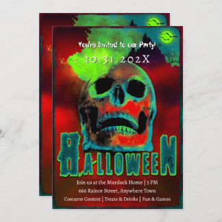 Creepy Halloween Party Zombies Neon Scary Skull Invitation