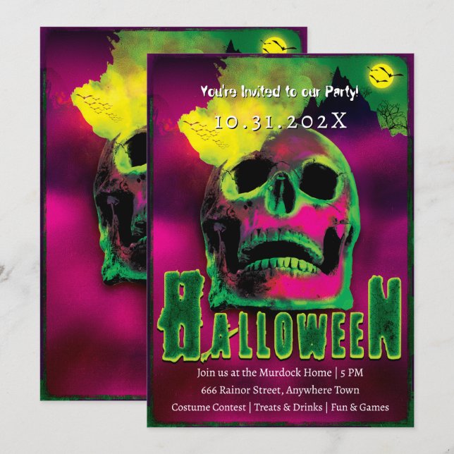 Creepy Halloween Party Zombies Neon Scary Skull Invitation (Front/Back)
