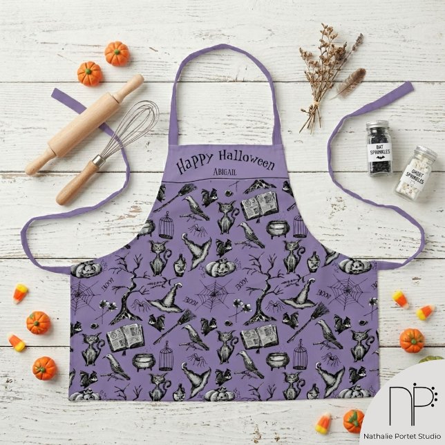 Creepy Halloween Personalized Apron for Children (Hand drawn creepy Halloween kid apron with ink art and a chic noir aesthetic)