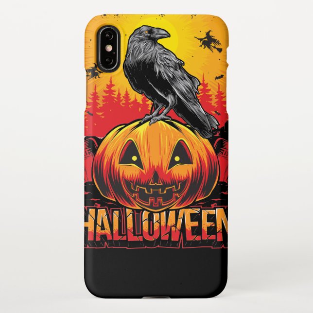 Creepy Halloween Pumpkin Head with Crow  iPhone Case (Back)