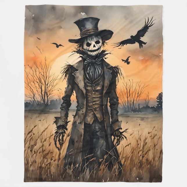 Creepy Halloween Scarecrow with Crows Fleece Blanket (Front)