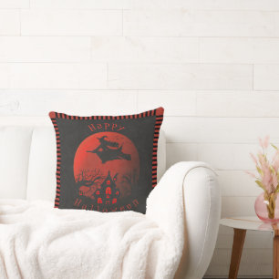 Creepy Halloween Scene Witch & Haunted House Throw Pillow