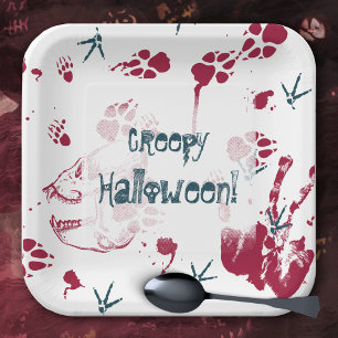 Creepy Halloween Skull Blood Traces Paper Plate