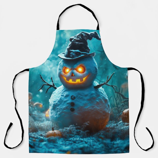 Creepy Halloween Snowman with Glowing Eyes Apron (Front)