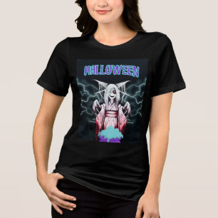 Creepy Halloween Yokai Witch T-Shirt Spooky Tri-Blend Shirt