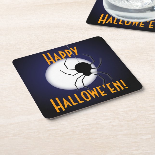 Creepy Happy Halloween Moon and Spider Square Paper Coaster (Angled)