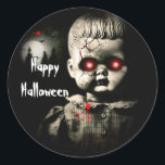 Creepy Haunted Doll Halloween Costume Party Classic Round Sticker<br><div class="desc">customize with any text.</div>