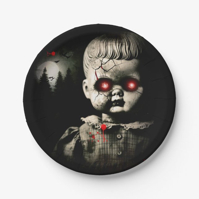 Creepy Haunted Doll Halloween Costume Party Paper Plate (Front)