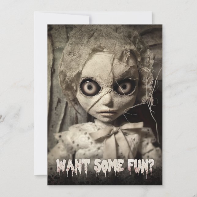 Creepy Haunted Doll Halloween Party Invitation (Front)