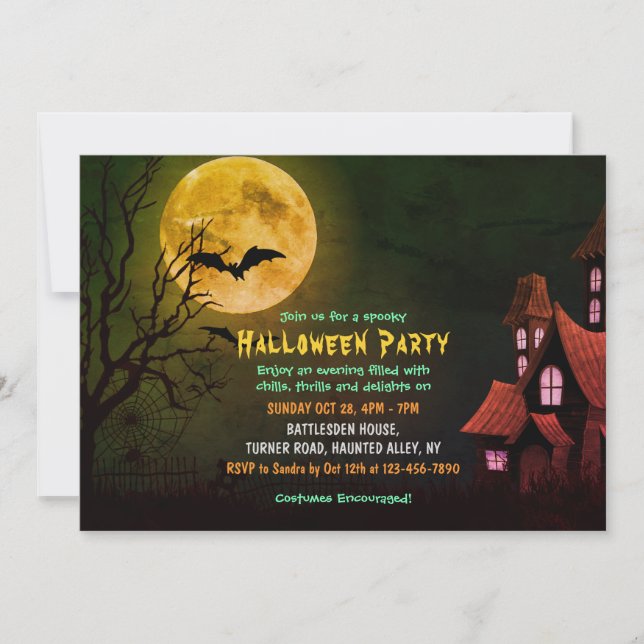 Creepy Haunted House And Bats Graveyard Halloween Invitation (Front)